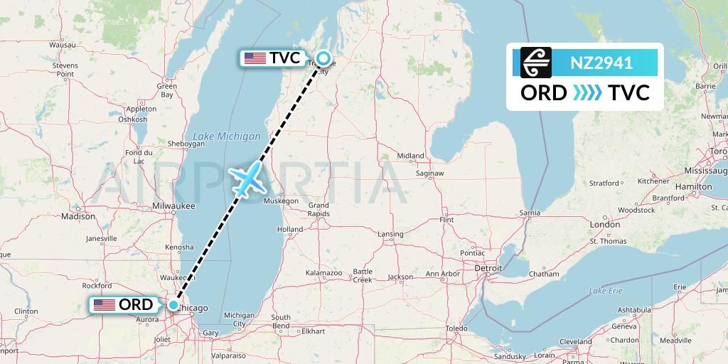 NZ2941 Air New Zealand Flight Map: Chicago to Traverse City
