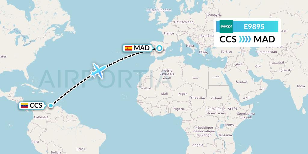 E9895 Evelop Airlines Flight Map: Caracas to Madrid