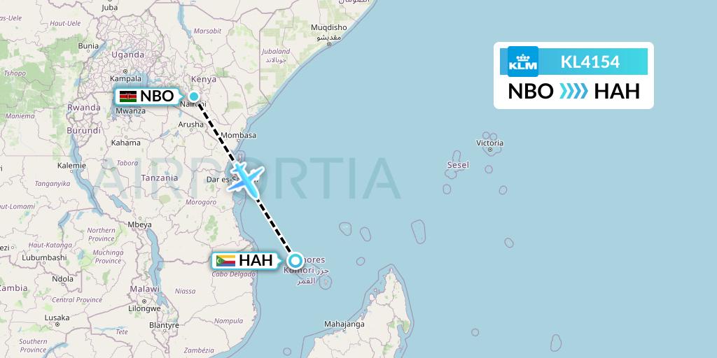KL4154 KLM Flight Map: Nairobi to Moroni