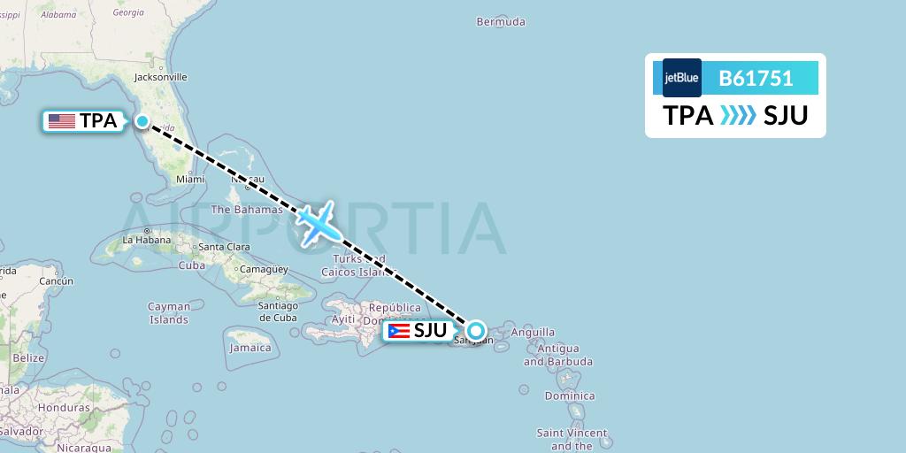 B61751 JetBlue Airways Flight Map: Tampa to San Juan