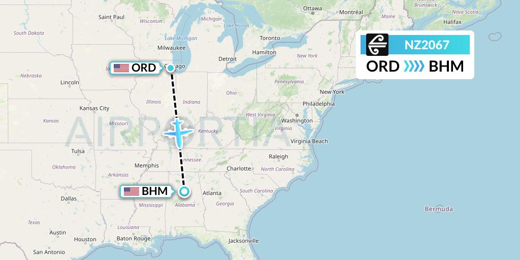 NZ2067 Air New Zealand Flight Map: Chicago to Birmingham