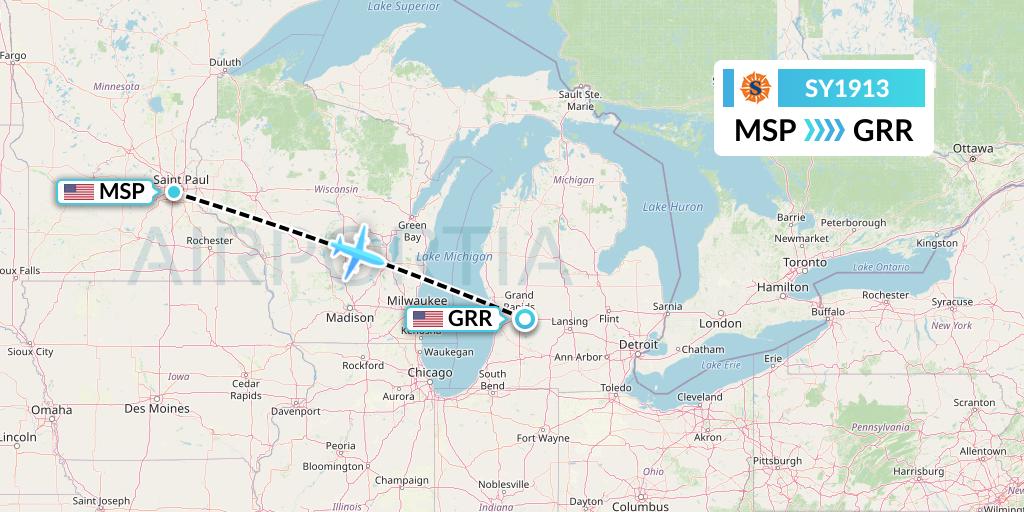 SY1913 Sun Country Airlines Flight Map: Minneapolis to Grand Rapids
