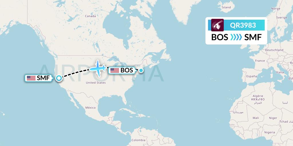 QR3983 Qatar Airways Flight Map: Boston to Sacramento