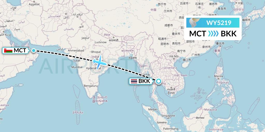 WY5219 Oman Air Flight Map: Muscat to Bangkok