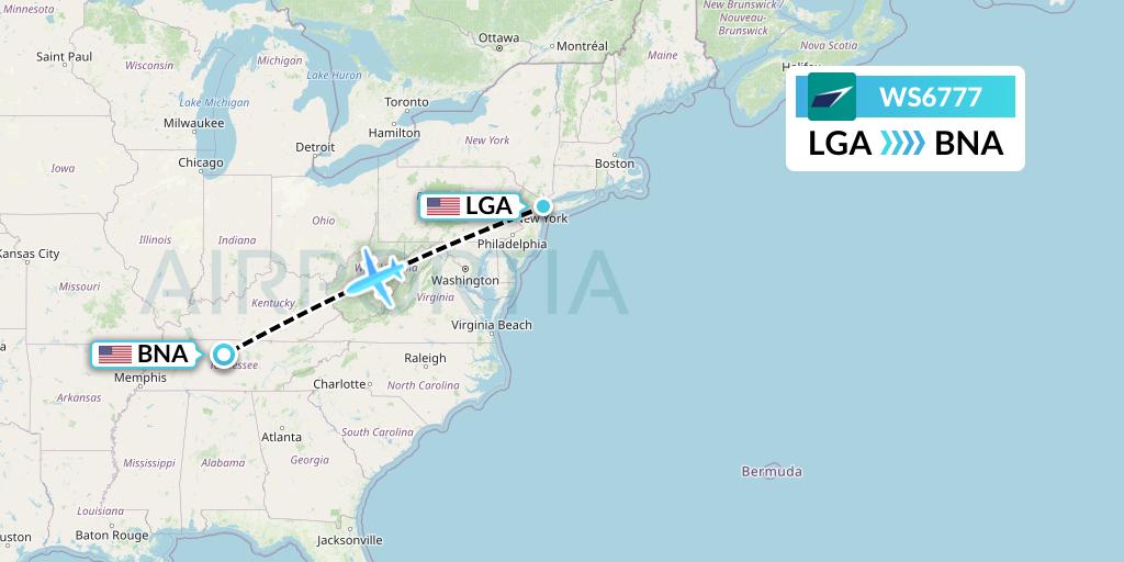 WS6777 WestJet Flight Map: New York to Nashville