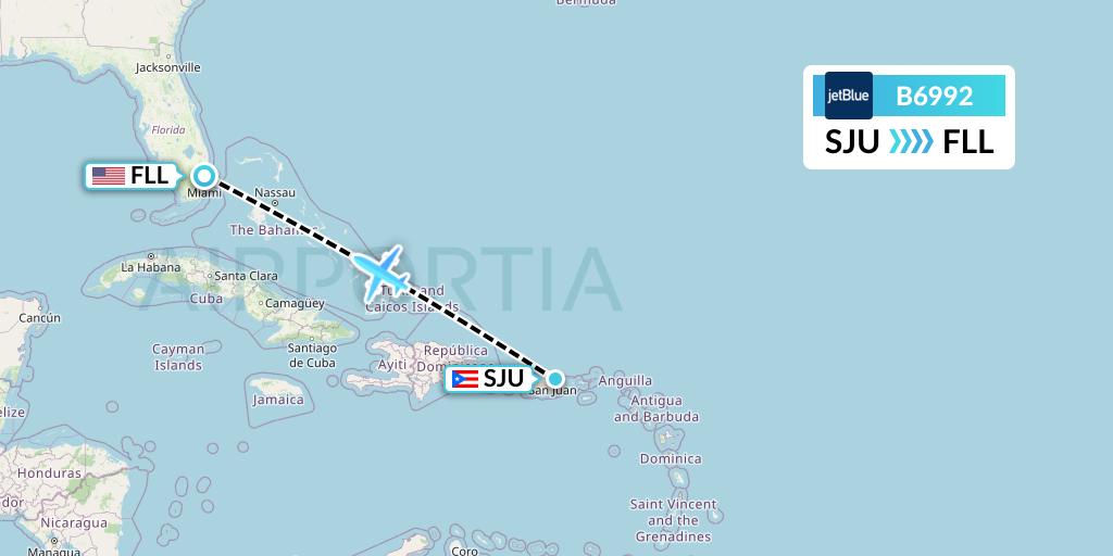 B6992 JetBlue Airways Flight Map: San Juan to Fort Lauderdale