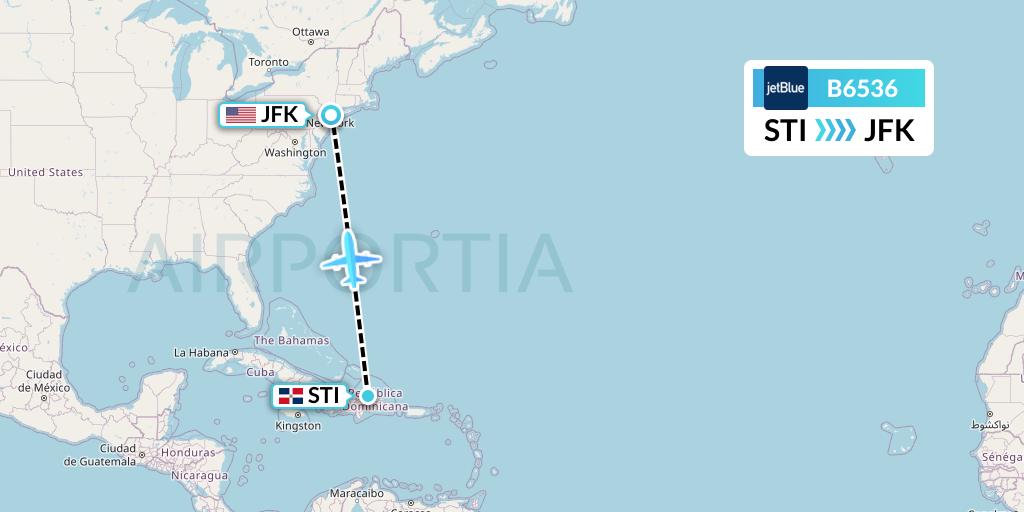 B6536 JetBlue Airways Flight Map: Santiago de los Caballeros to New York