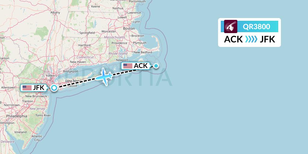QR3800 Qatar Airways Flight Map: Nantucket to New York
