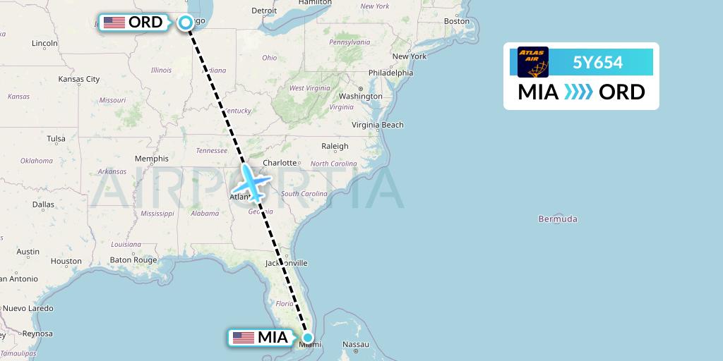 5Y654 Atlas Air Flight Map: Miami to Chicago