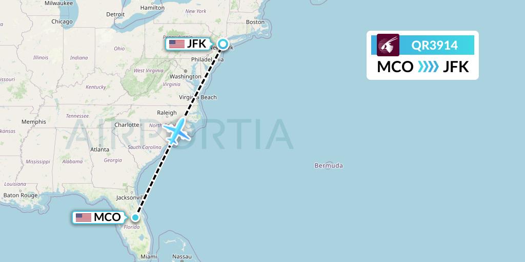 QR3914 Qatar Airways Flight Map: Orlando to New York