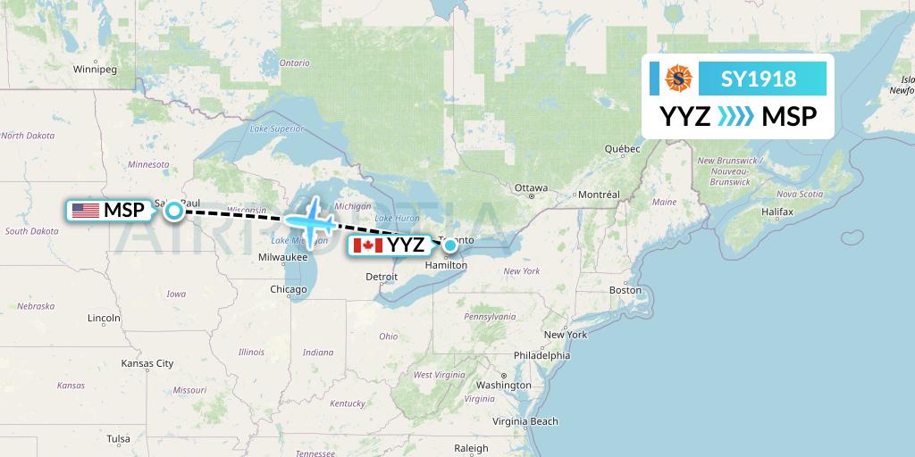 SY1918 Sun Country Airlines Flight Map: Toronto to Minneapolis