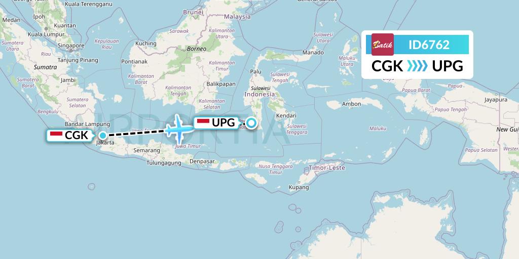 ID6762 Batik Air Flight Map: Jakarta to Makassar