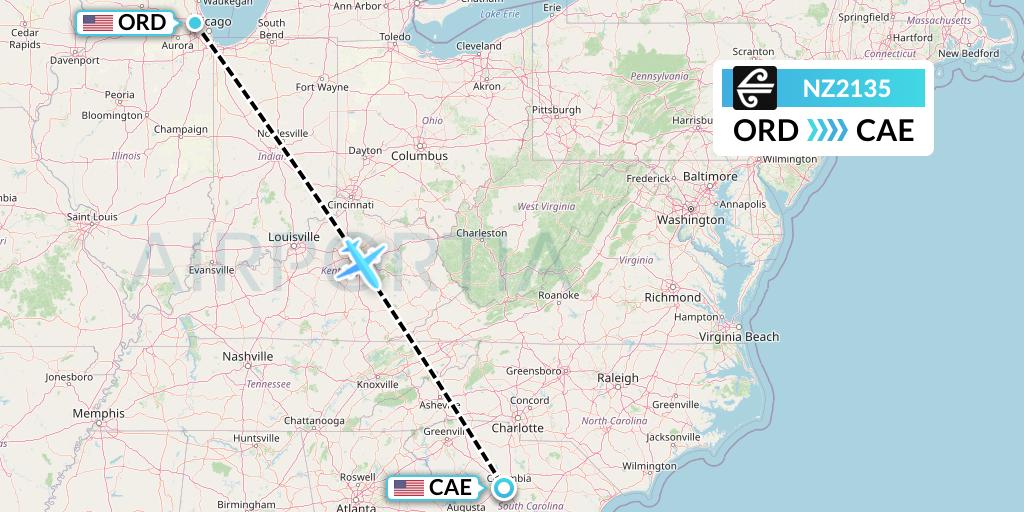 NZ2135 Air New Zealand Flight Map: Chicago to Columbia