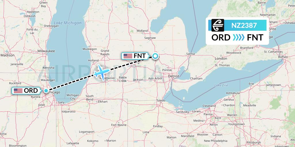 NZ2387 Air New Zealand Flight Map: Chicago to Flint