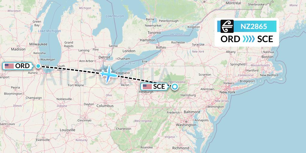 NZ2865 Air New Zealand Flight Map: Chicago to State College