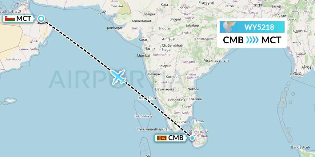 WY5218 Oman Air Flight Map: Colombo to Muscat