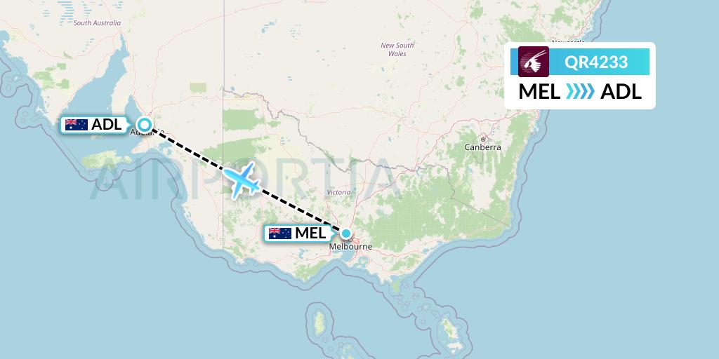 QR4233 Qatar Airways Flight Map: Melbourne to Adelaide