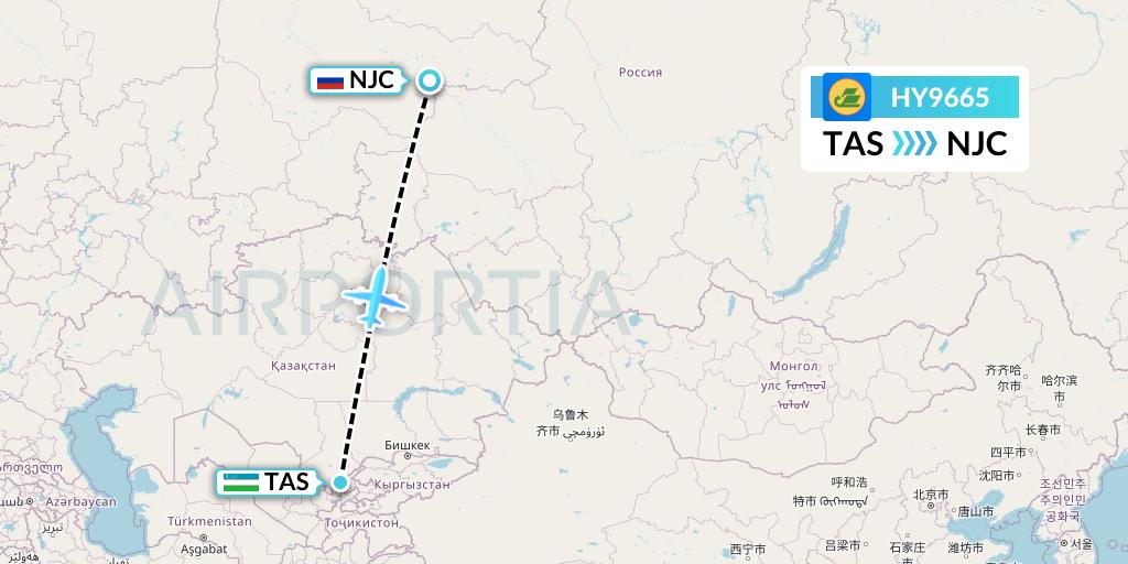 HY9665 Uzbekistan Airways Flight Map: Tashkent to Nizhnevartovsk