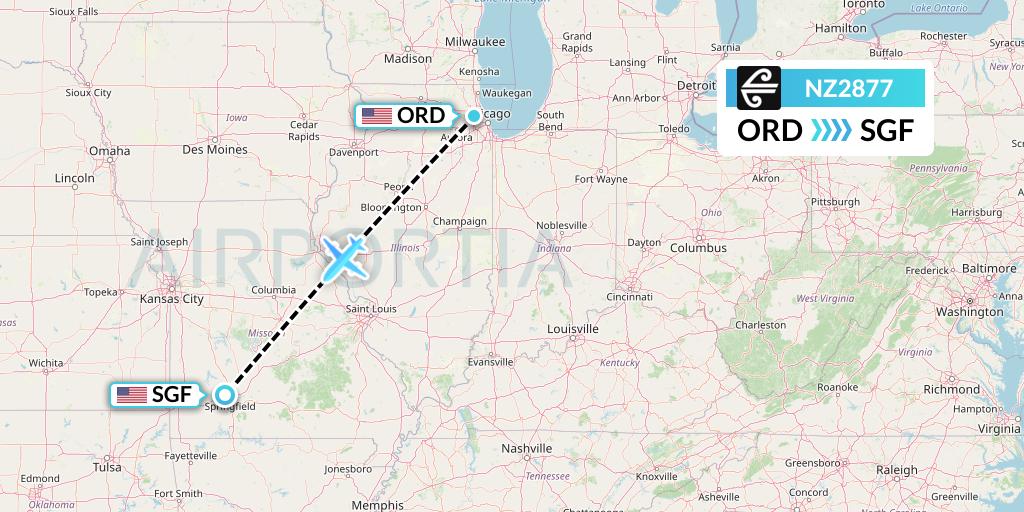 NZ2877 Air New Zealand Flight Map: Chicago to Springfield