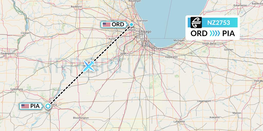 NZ2753 Air New Zealand Flight Map: Chicago to Peoria