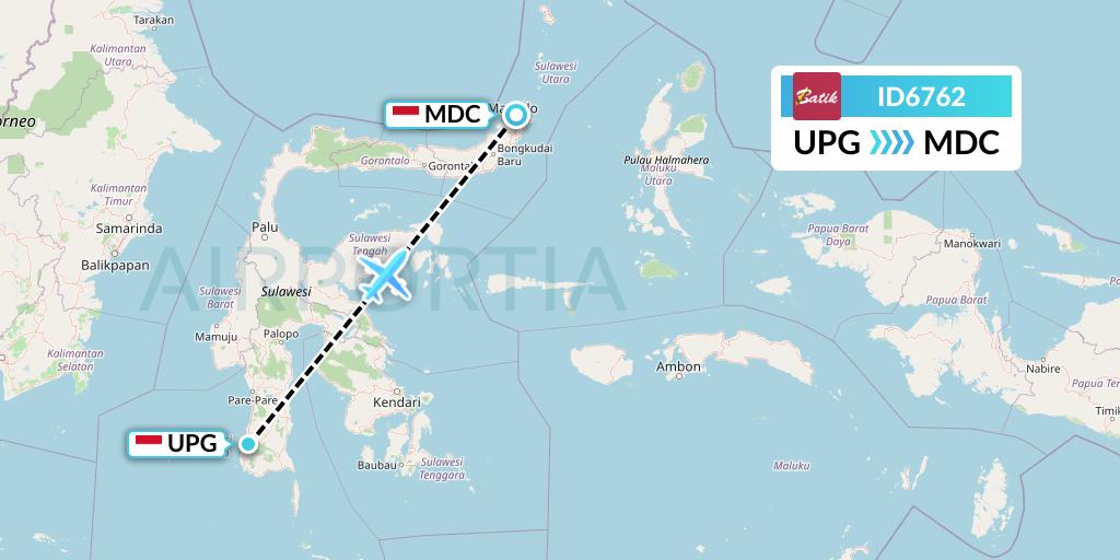 ID6762 Batik Air Flight Map: Makassar to Manado