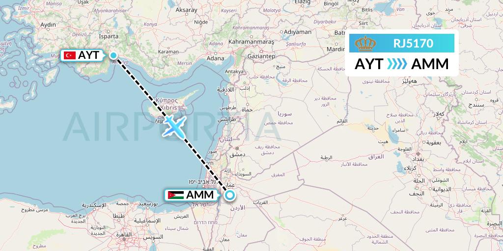 RJ5170 Royal Jordanian Flight Map: Antalya to Amman