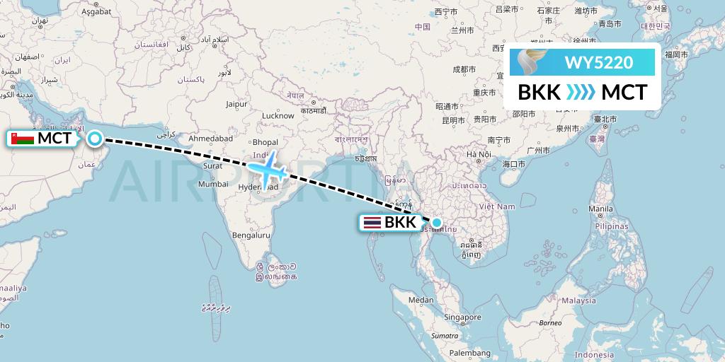 WY5220 Oman Air Flight Map: Bangkok to Muscat