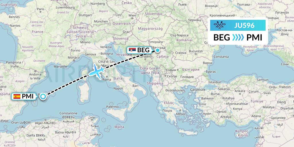 JU596 AirSERBIA Flight Map: Belgrade to Palma de Mallorca