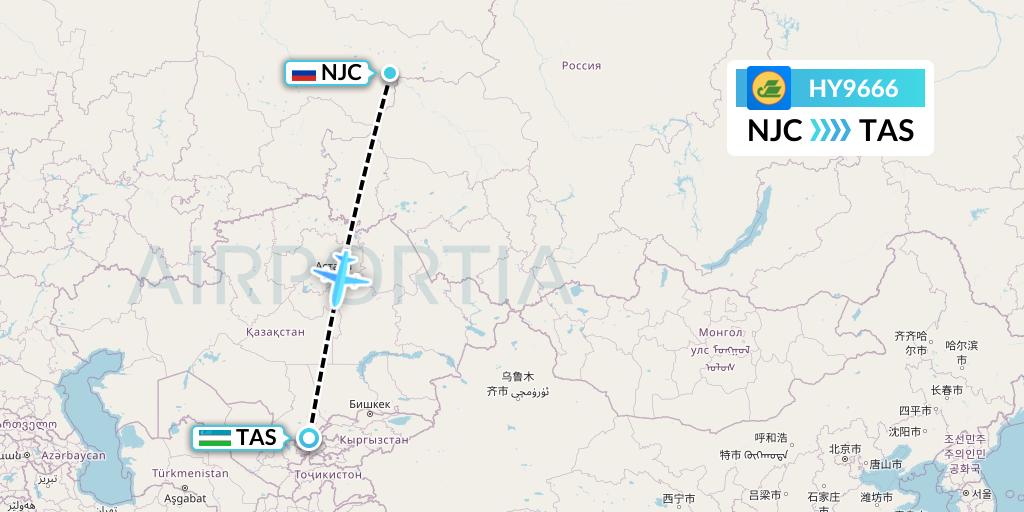 HY9666 Uzbekistan Airways Flight Map: Nizhnevartovsk to Tashkent
