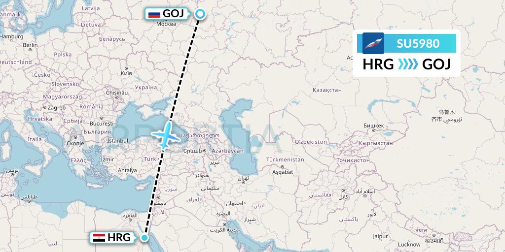 SU5980 Aeroflot Flight Map: Hurghada to Nizhny Novgorod