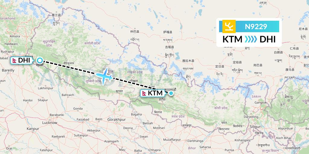 N9229 Shree Airlines Flight Map: Kathmandu to Dhangarhi