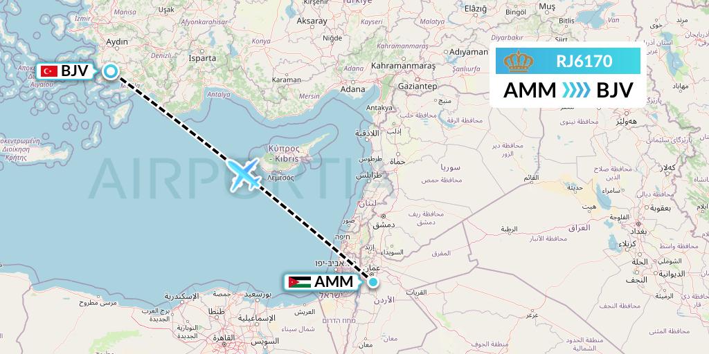 RJ6170 Royal Jordanian Flight Map: Amman to Bodrum
