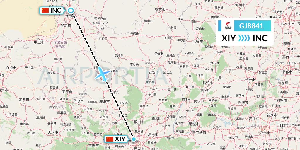 GJ8841 Loong Airlines Flight Map: Xi'an to Yinchuan