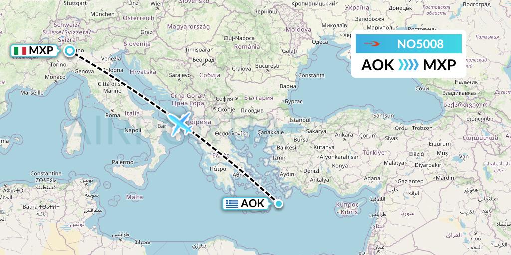 NO5008 Neos Flight Map: Karpathos to Milan