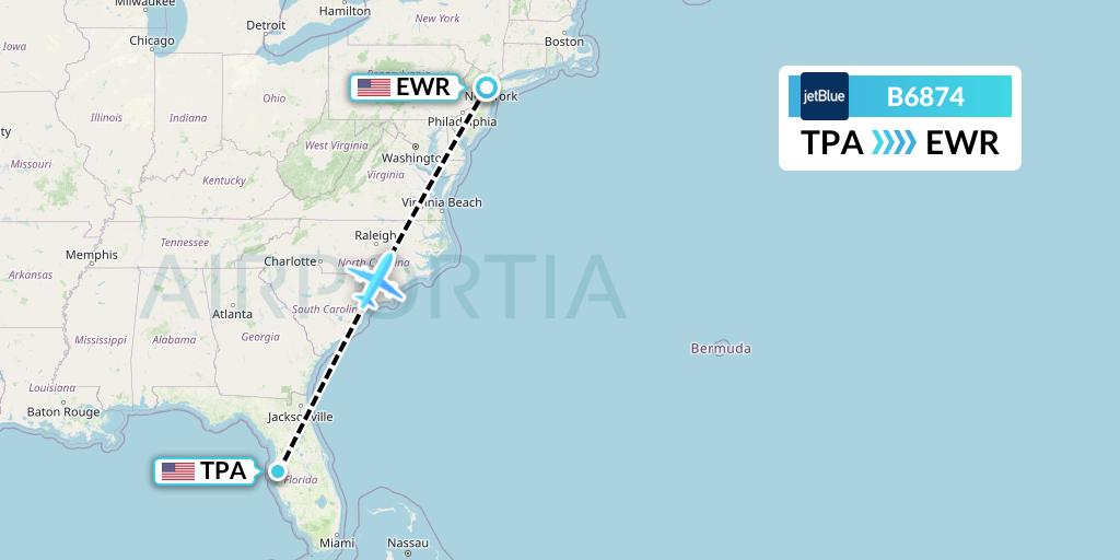 B6874 JetBlue Airways Flight Map: Tampa to New York