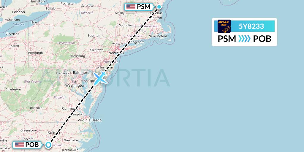 5Y8233 Atlas Air Flight Map: Portsmouth to Fayetteville
