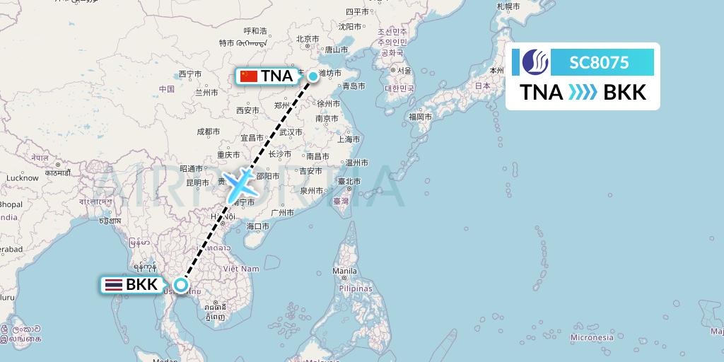 SC8075 Shandong Airlines Flight Map: Jinan to Bangkok