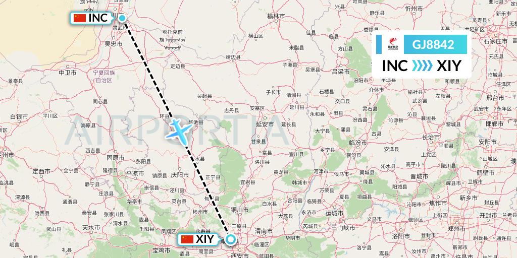 GJ8842 Loong Airlines Flight Map: Yinchuan to Xi'an