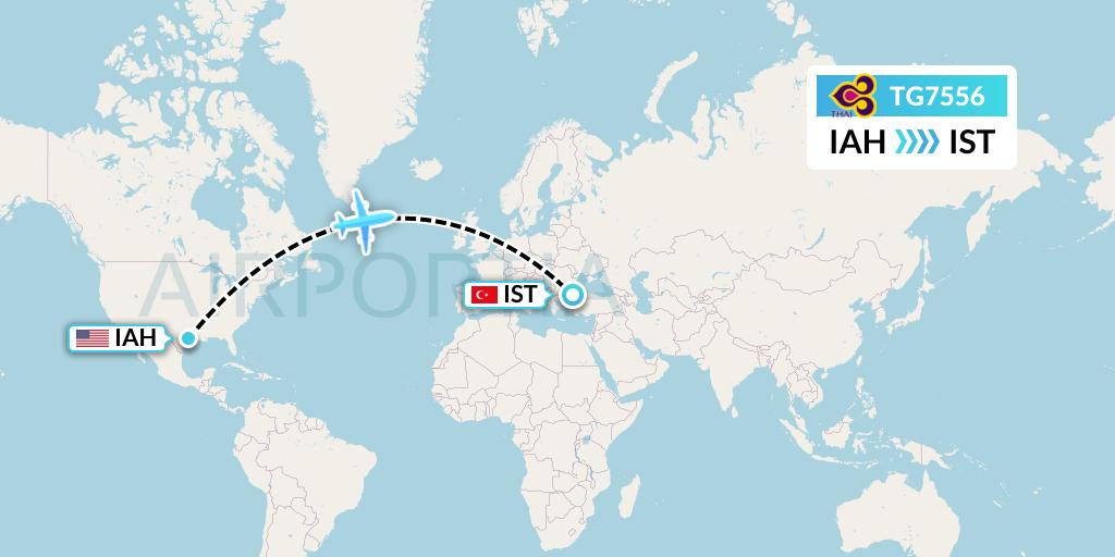 TG7556 Thai Airways Flight Map: Houston to Istanbul