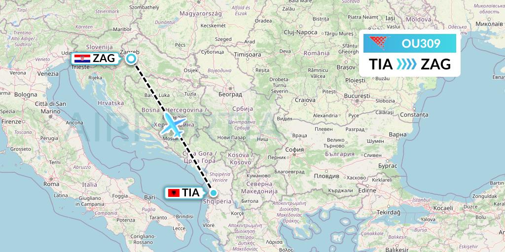 OU309 Croatia Airlines Flight Map: Tirana to Zagreb