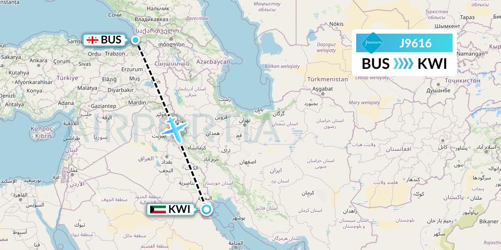 J9616 Jazeera Airways Flight Map: Batumi to Kuwait City