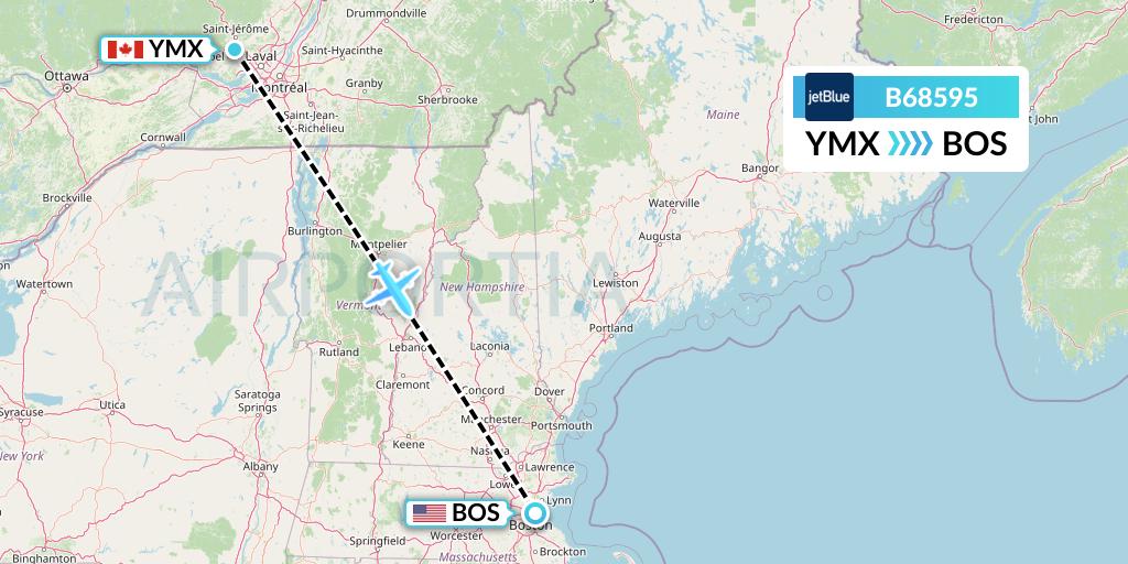 B68595 JetBlue Airways Flight Map: Montreal to Boston