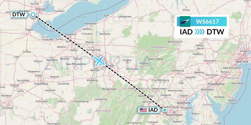WS6617 WestJet Flight Map: Washington to Detroit