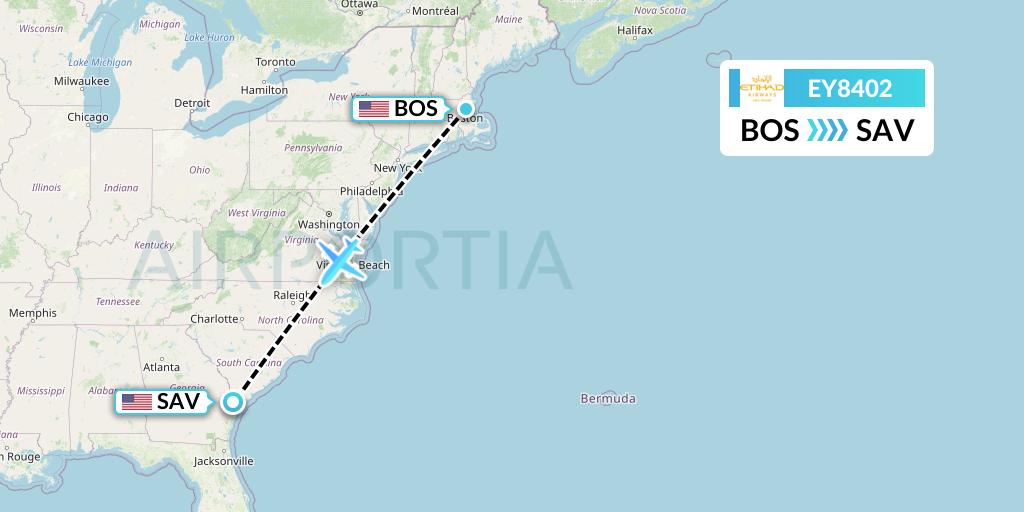 EY8402 Etihad Airways Flight Map: Boston to Savannah