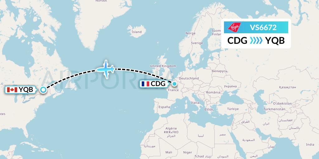 VS6672 Virgin Atlantic Airways Flight Map: Paris to Quebec