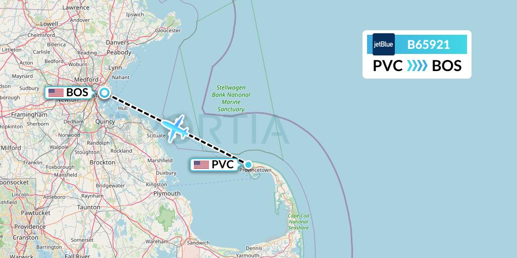 B65921 JetBlue Airways Flight Map: Provincetown to Boston