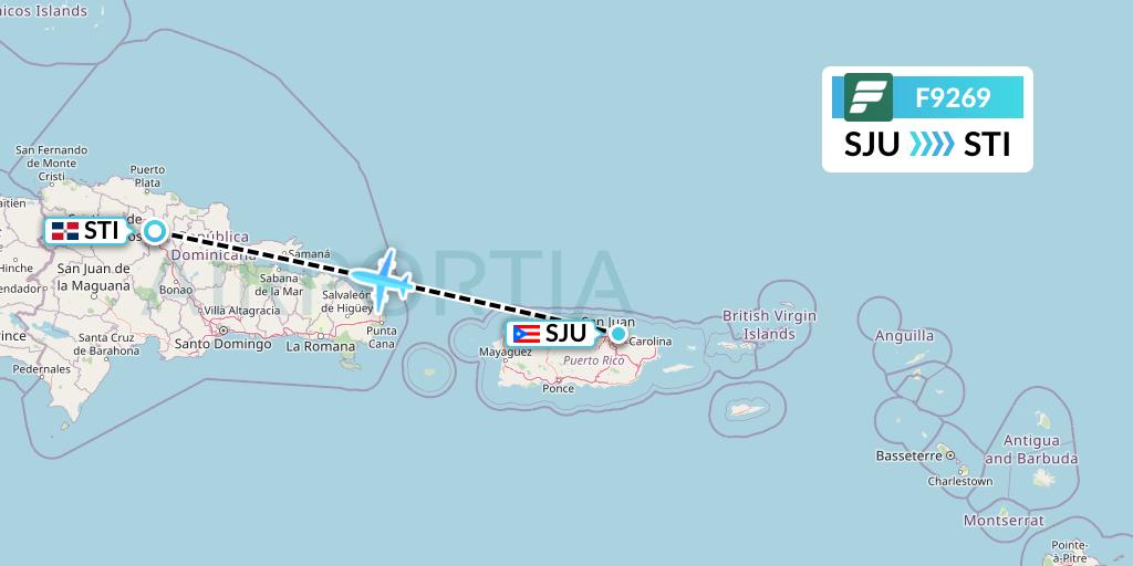 F9269 Frontier Airlines Flight Map: San Juan to Santiago de los Caballeros