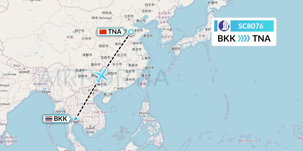 SC8076 Shandong Airlines Flight Map: Bangkok to Jinan