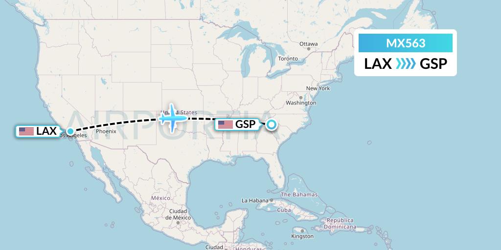 MX563 Breeze Airways Flight Map: Los Angeles to Greenville-Spartanburg