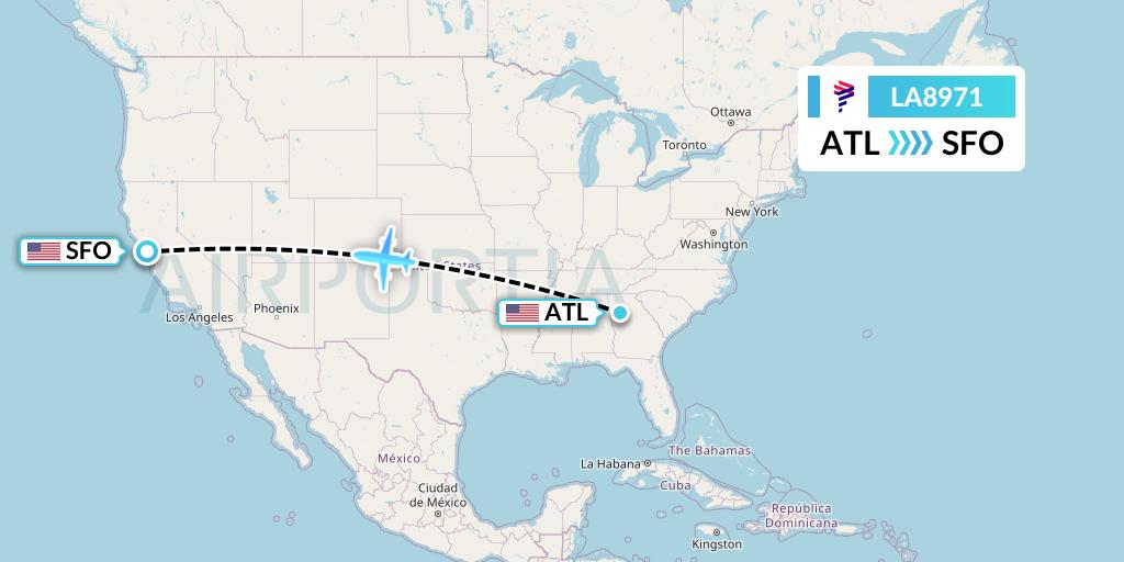 LA8971 LAN Airlines Flight Map: Atlanta to San Francisco